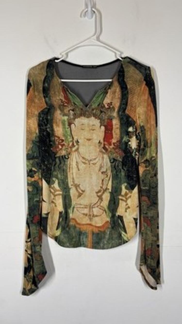 RARE VTG Vivienne Tam Buddha Mesh Back Long Sleeve Top XS? SEE MEASUREMENTS